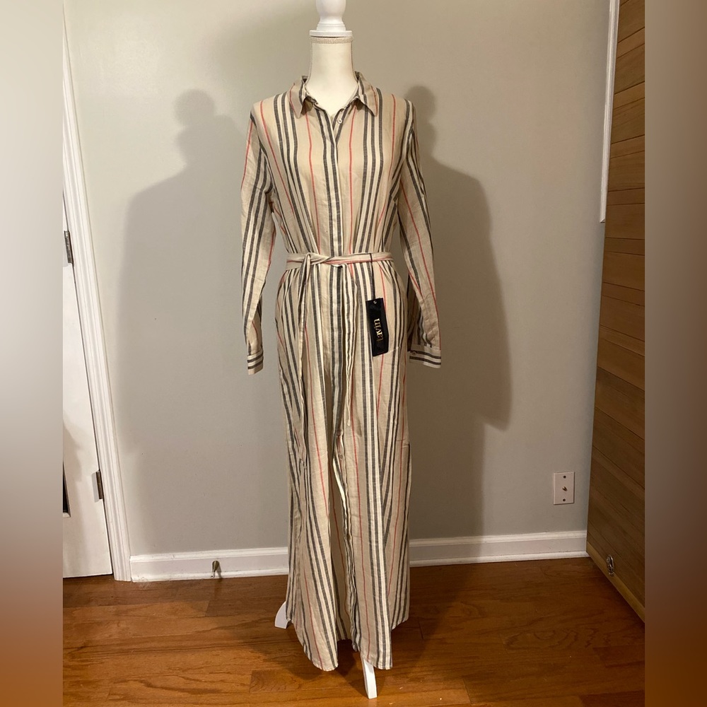 Tavin Tan Cream Red Black Awning Striped Long Sleeve Button Front Shirtdress